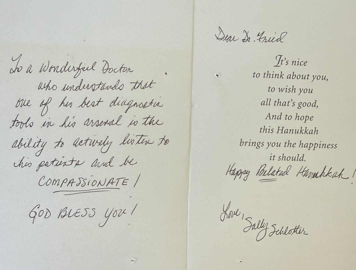 Handwritten holiday card with message.